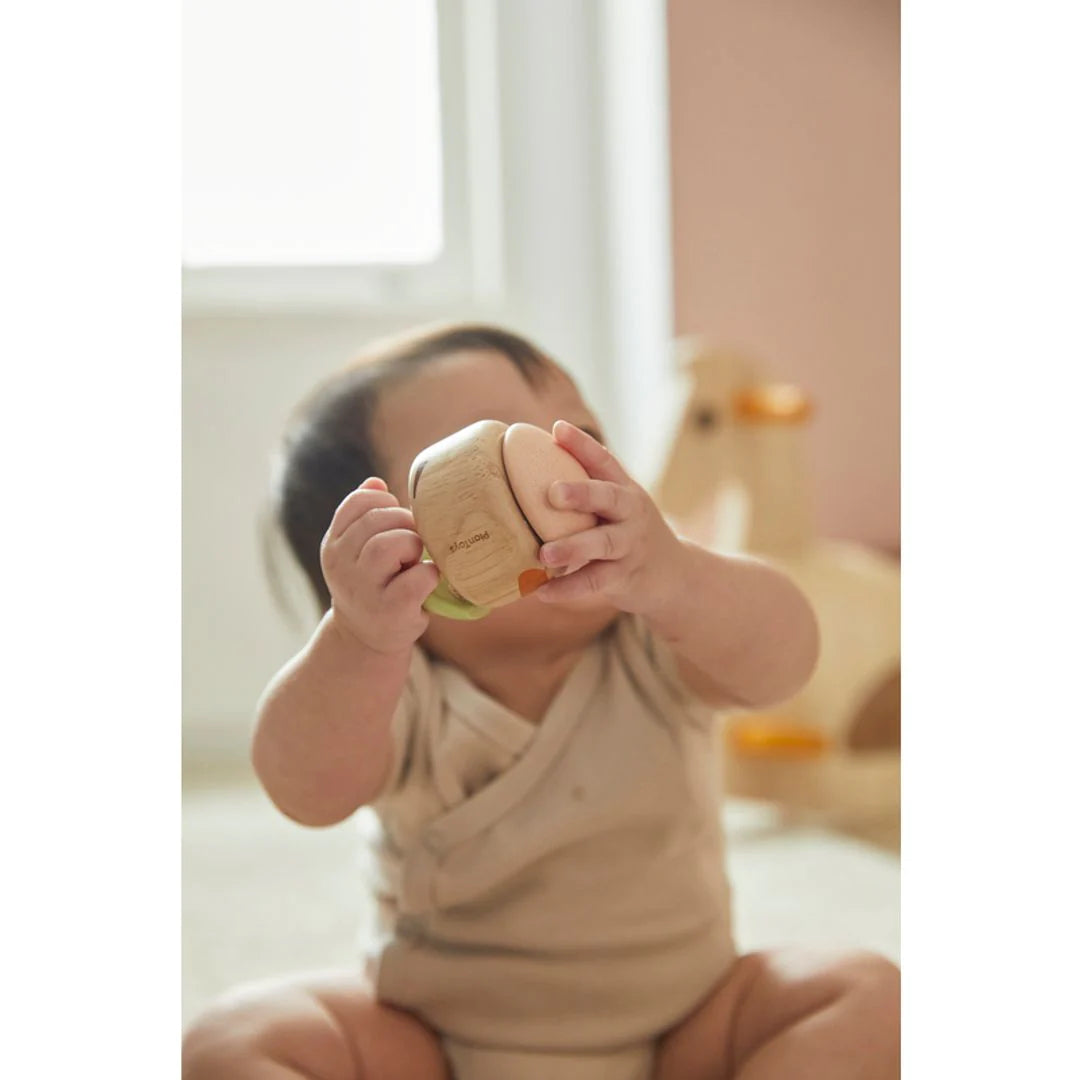 Baby holding Clapping Roller in Modern Rustic
