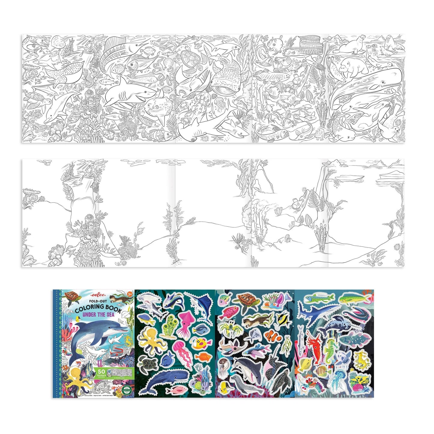 Under the Sea foldout coloring book opened with sticker pages