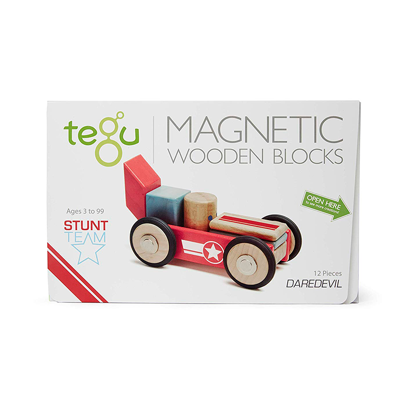 Box of Tegu magnetic wooden blocks with a red car design on a white background