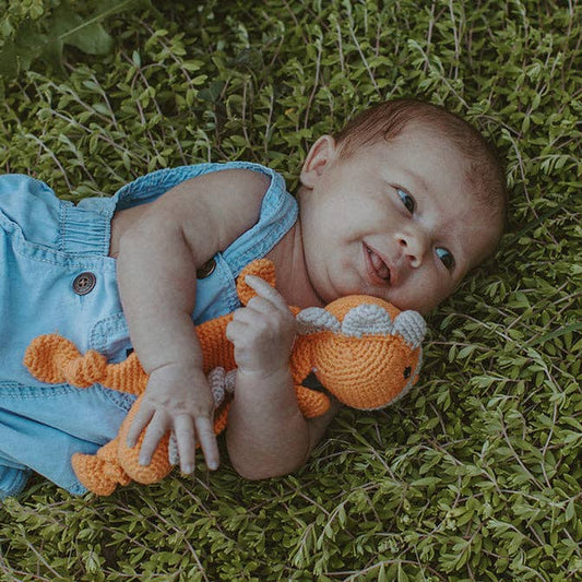 Baby lying on grass with an orange dinosaur toy, wearing blue overalls