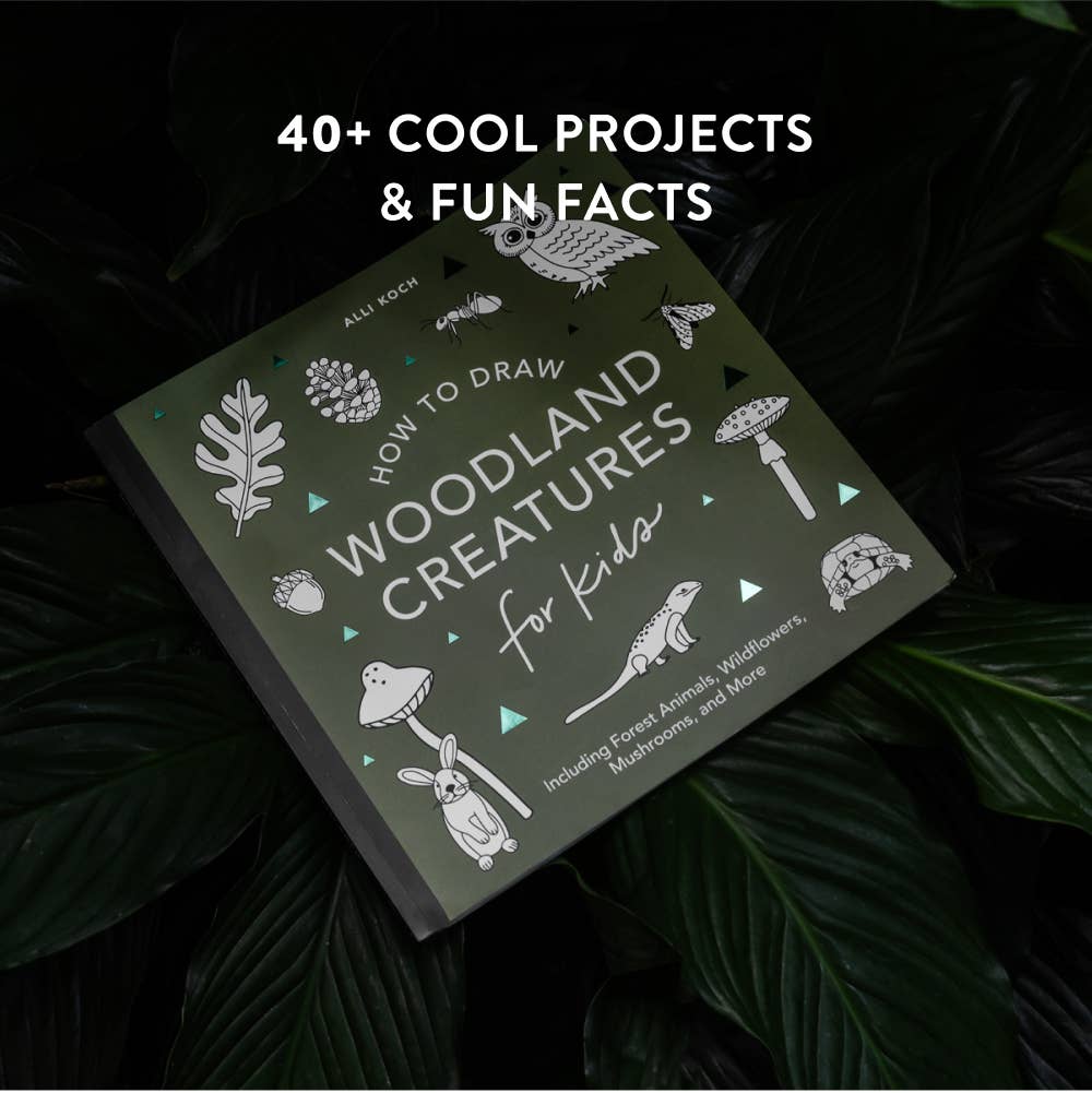 Book titled 'How to Draw Woodland Creatures for Kids' on a dark background with leafy textures
