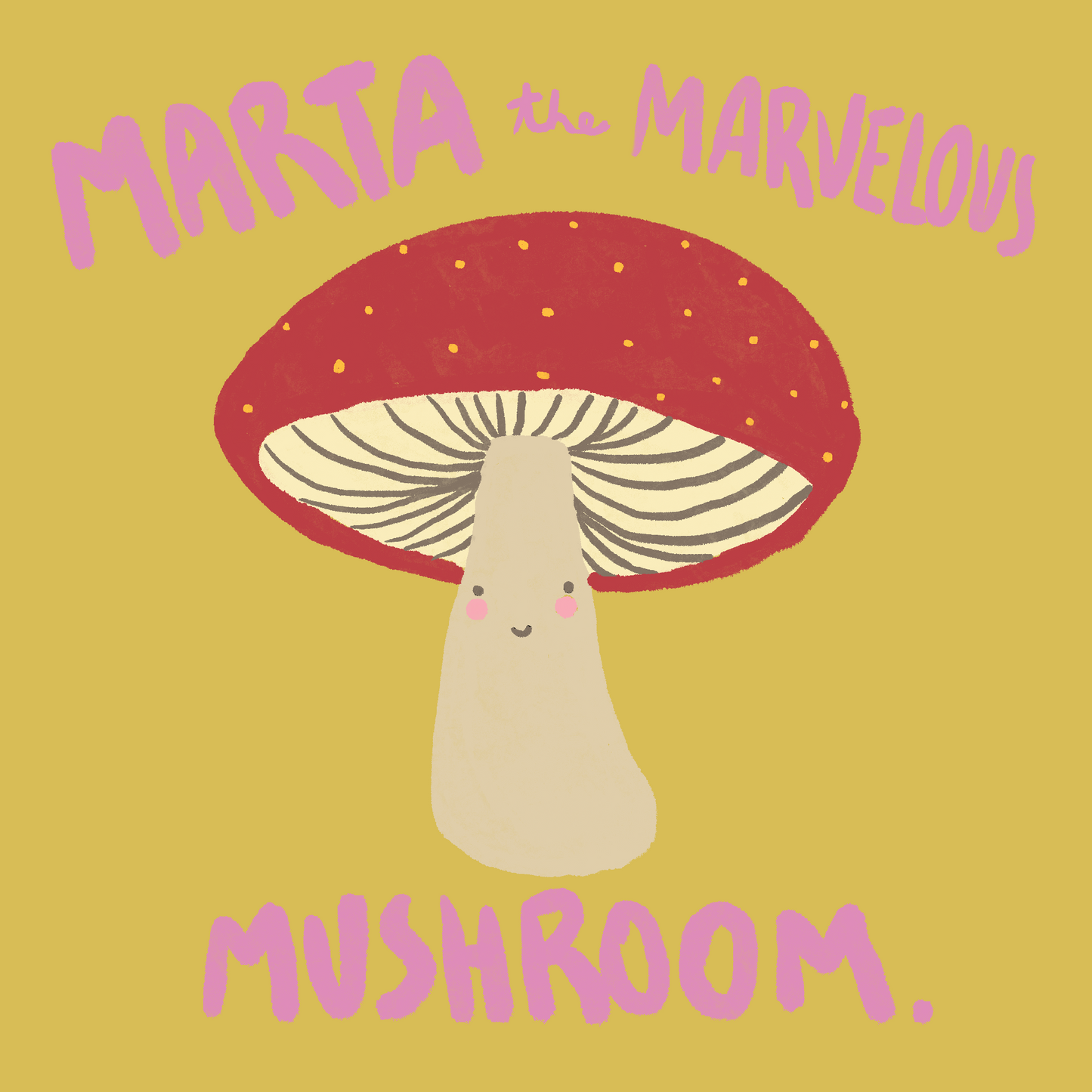 Illustration of a mushroom with a red cap and pink text on a yellow background