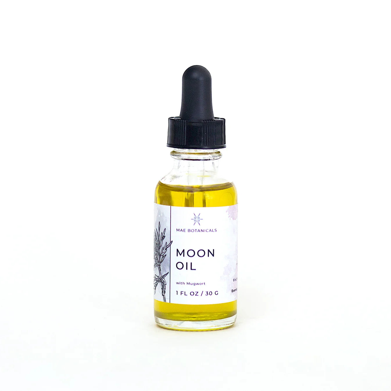 Bottle of Moon Oil with a dropper on a white background