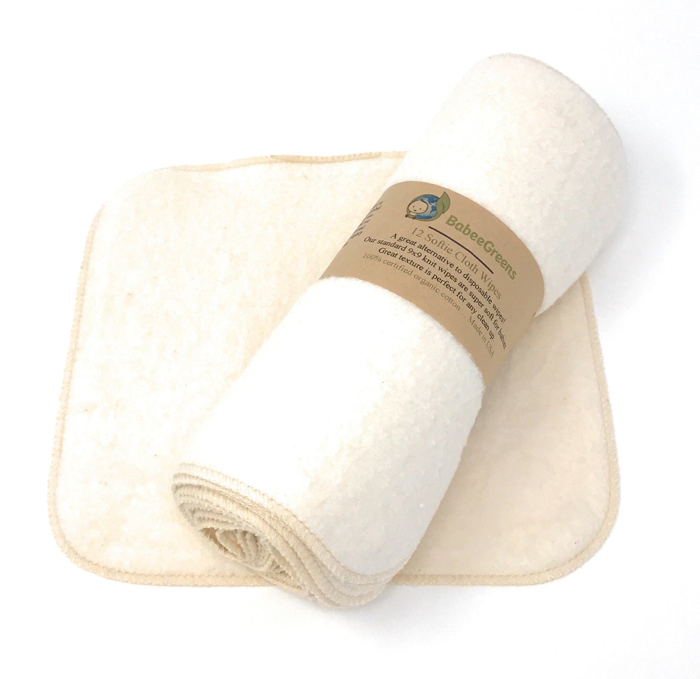 Rolled-up towel with a label on a white background