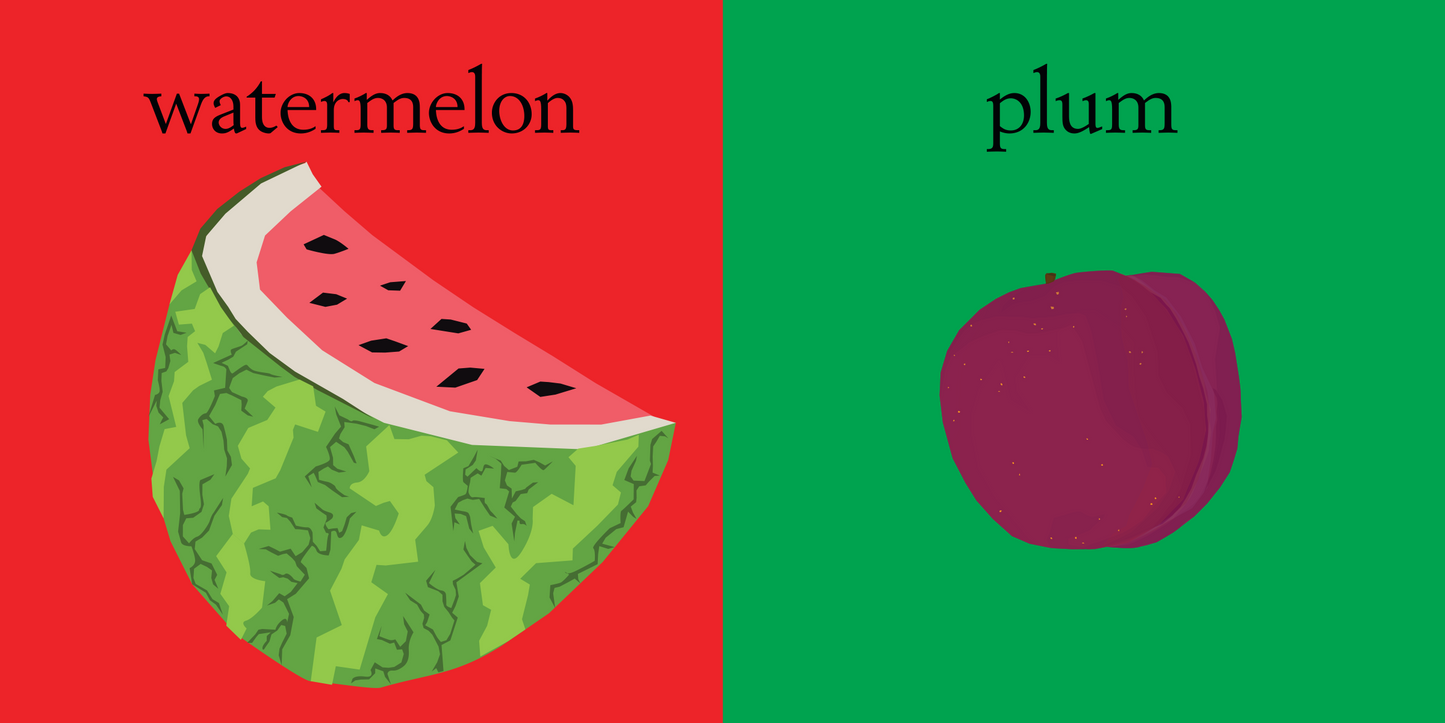Sara Anderson's fruit book Slice of watermelon on a red background and purple plum on a green background
