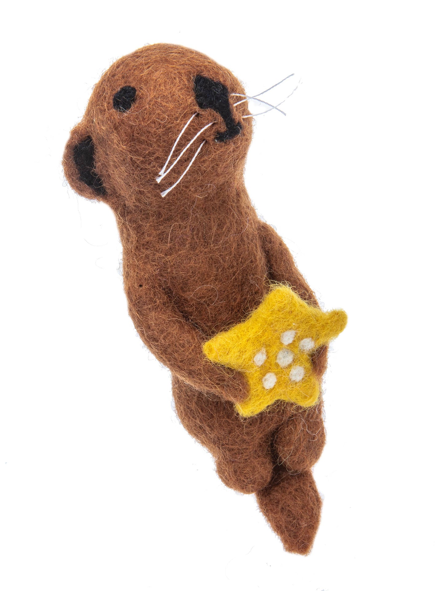 Felted animal otter finger puppet holding a yellow star on a white background