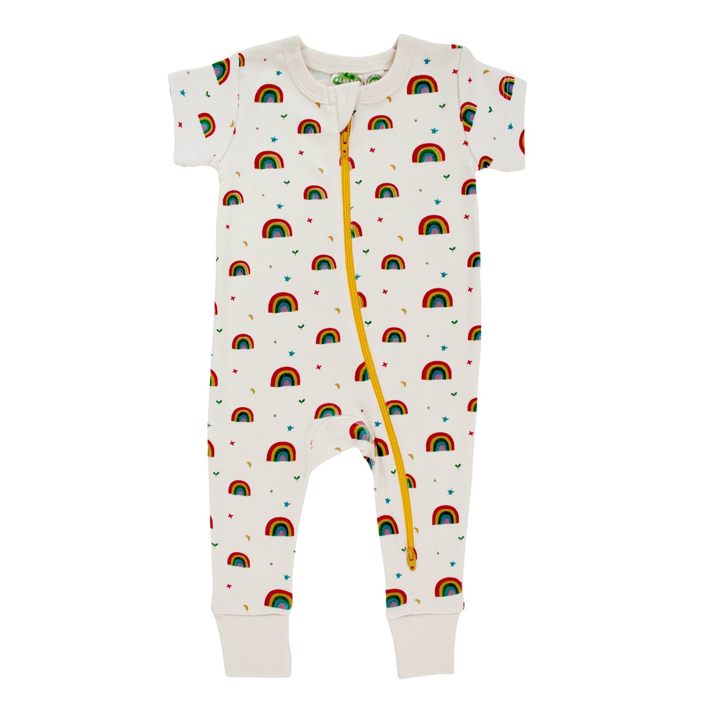 Parade organics Short Sleeve Rainbow Romper w/ 2-way Zipper. This white romper has an rainbow allover print and a bright yellow zipper flat layed on a while back ground