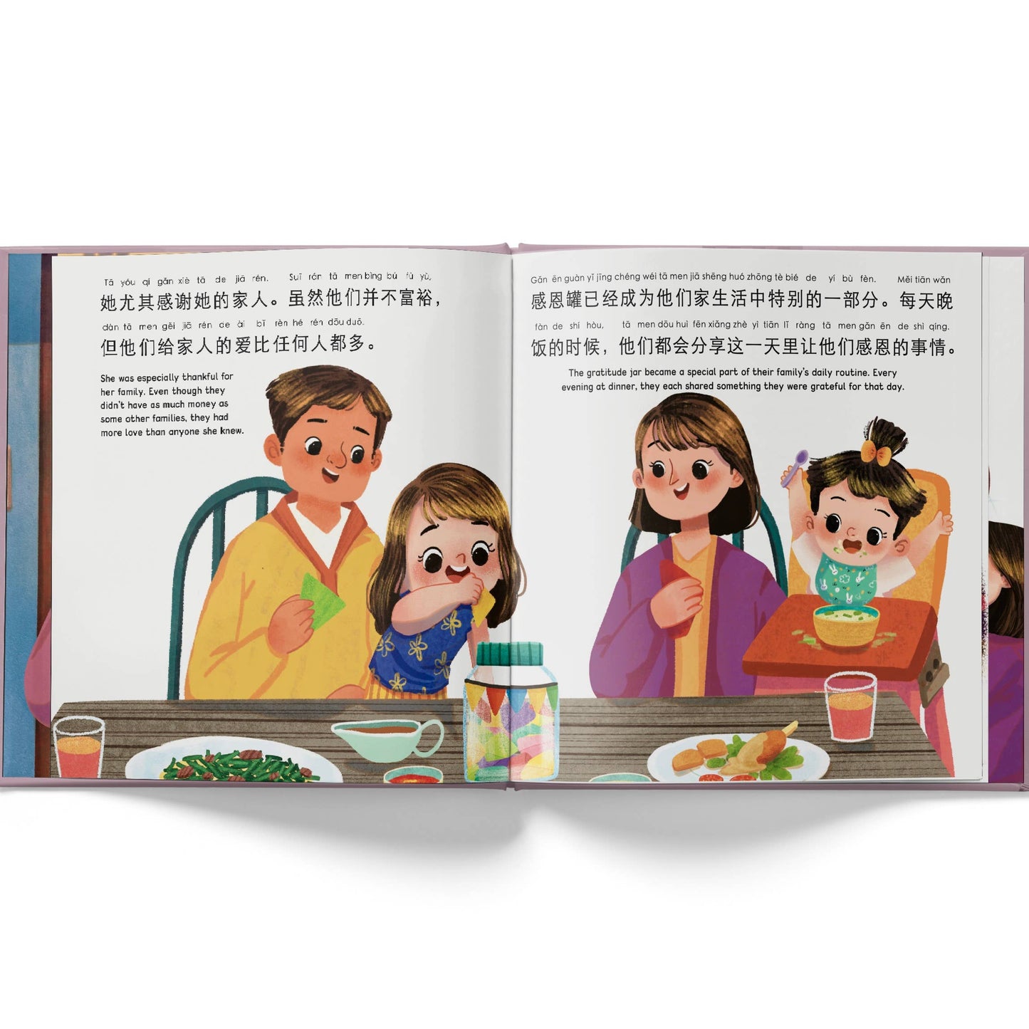 The gratitude Jar - a bilingual picture book pages with a family eating at a table and adding noted into he gratitude jar