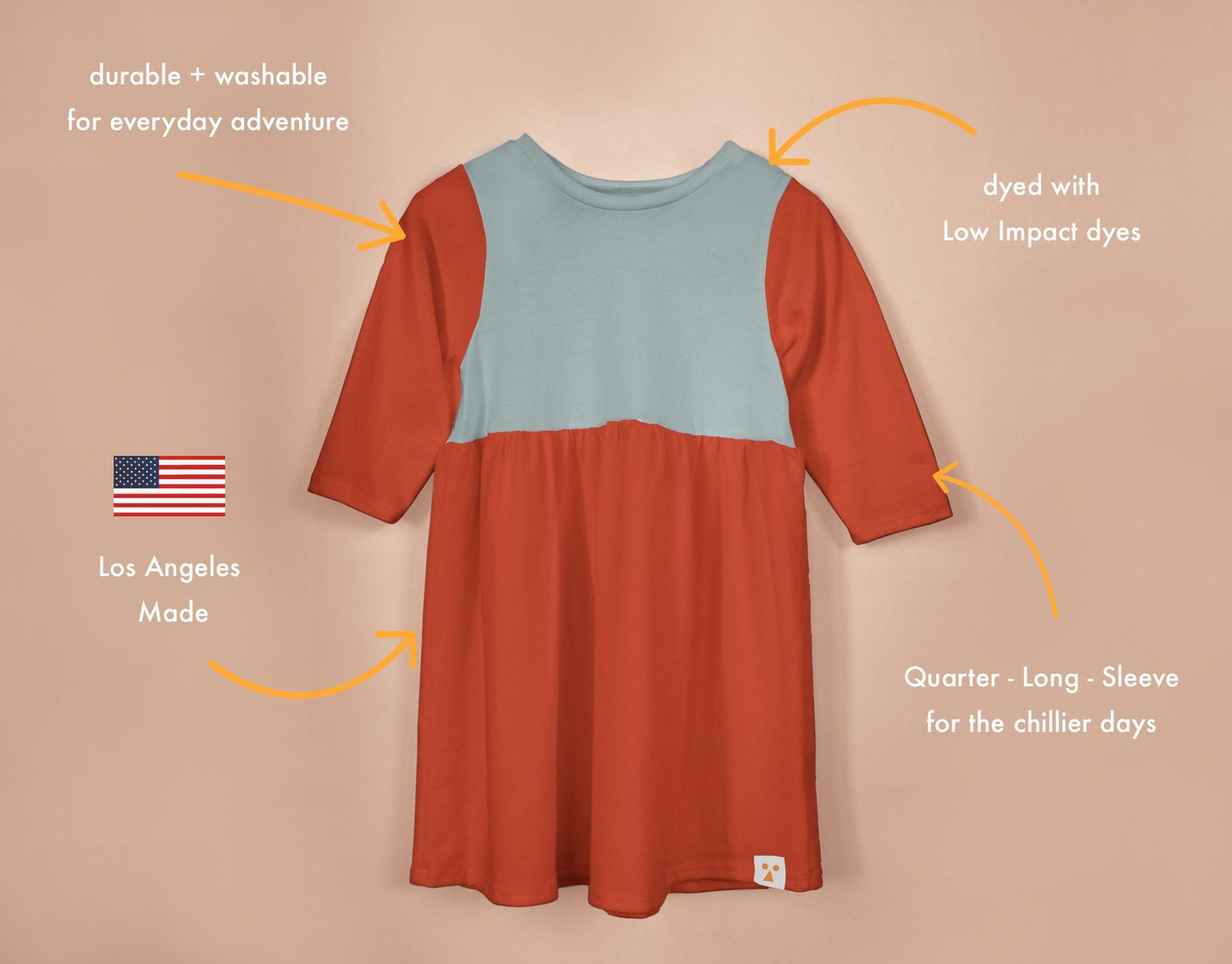 Red and blue dress with text highlighting features on a beige background