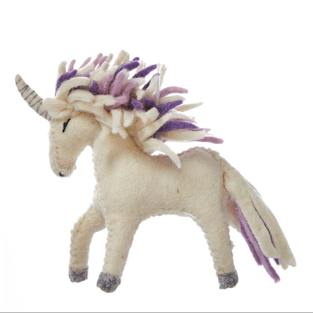 Hand made wool felt sewn Unicorn purple pink and white mane prancing