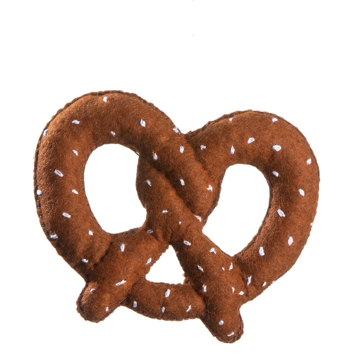 Cute handmade wool knotted pretzel on a while back ground