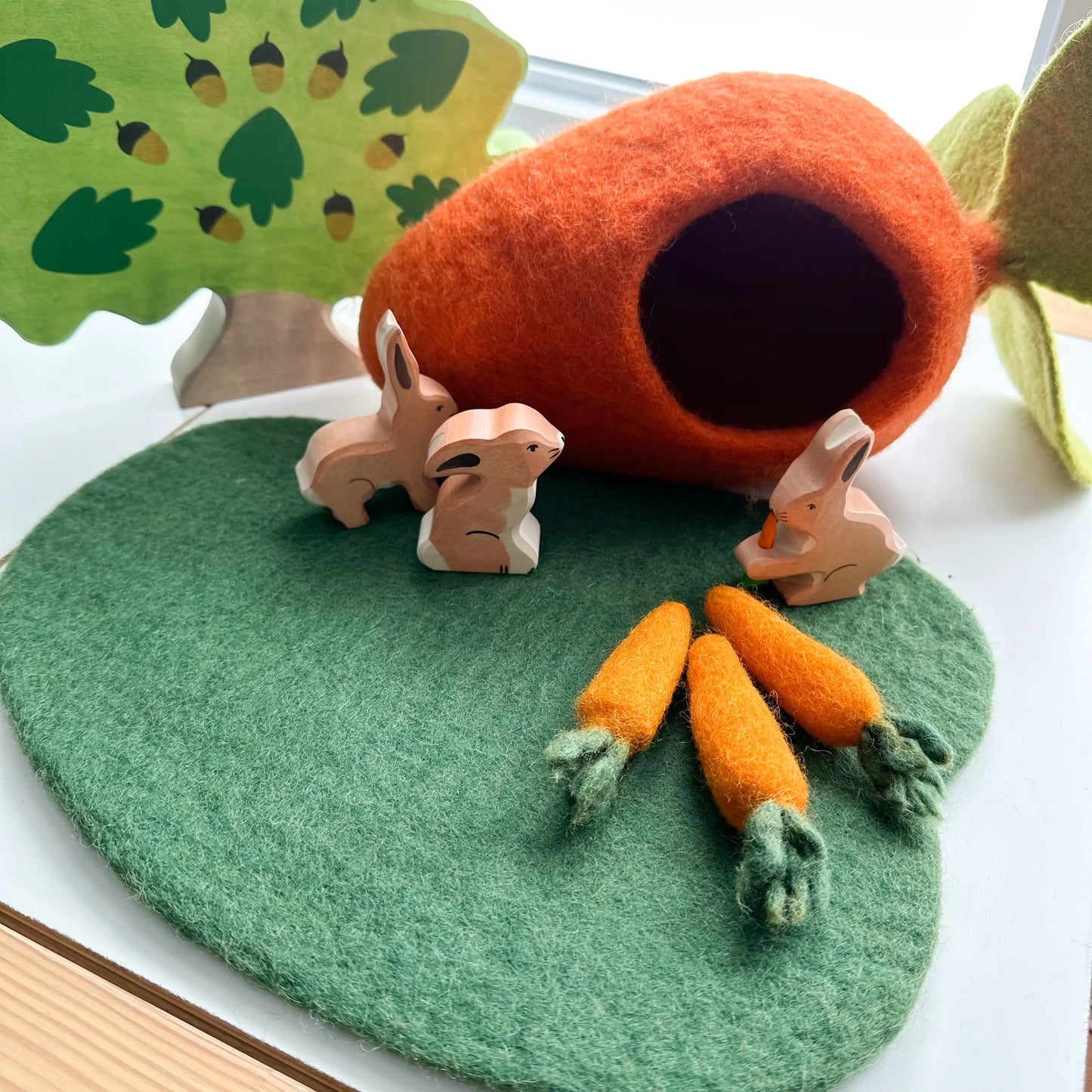 felt carrot play cottage with wooden rabbit figures and mini felt carrots