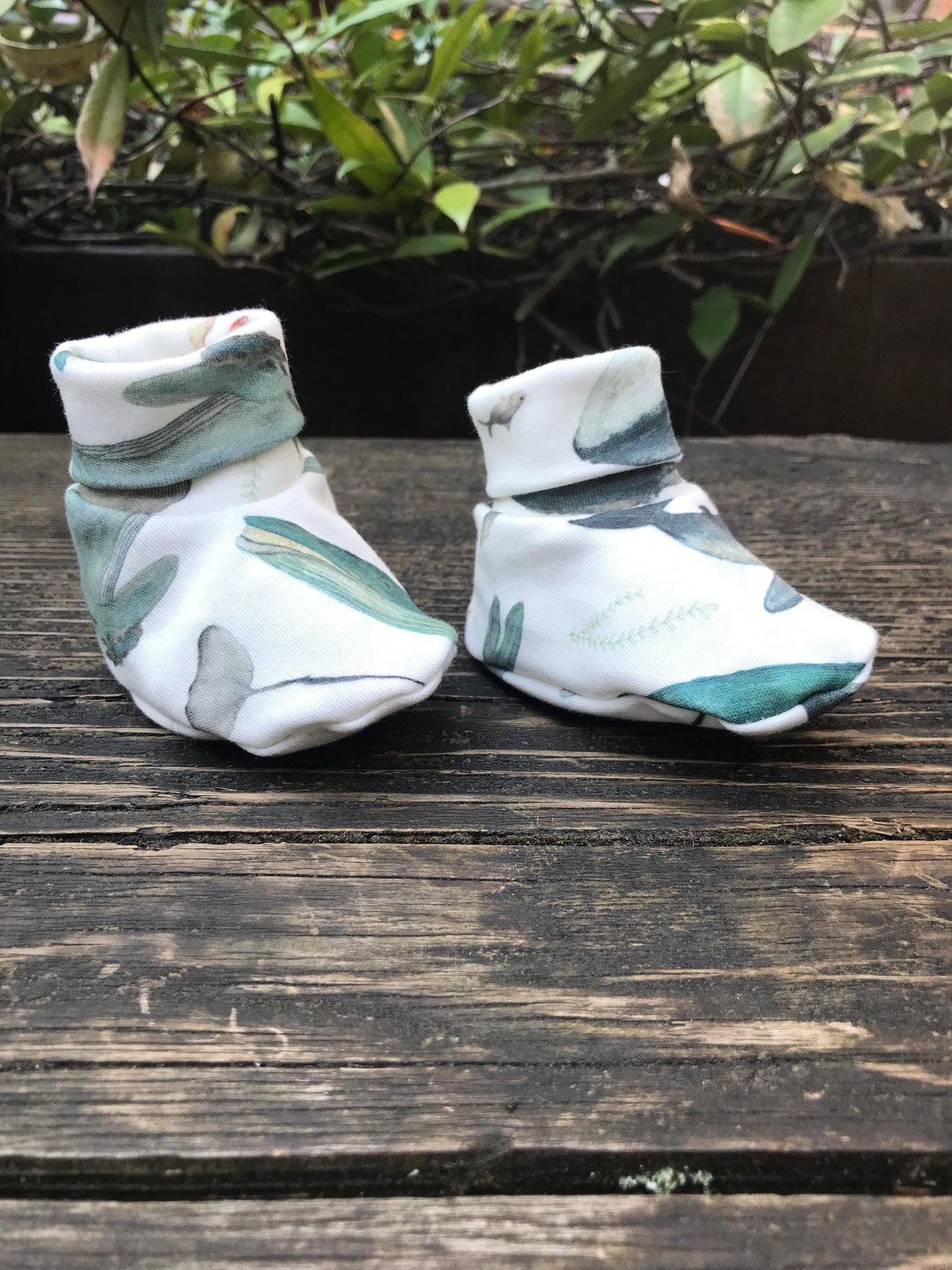 infant baby booties that are white with blue wales printed on them sitting on a wood bench with some leaves in the background
