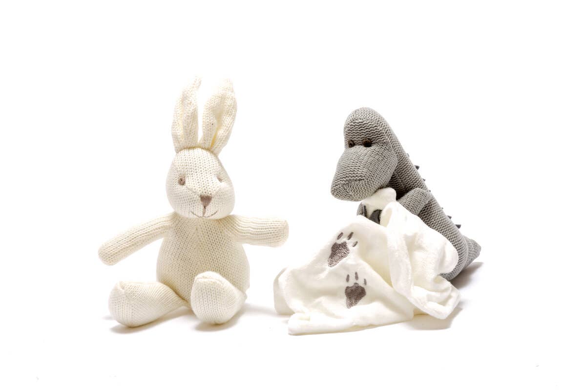 White bunny rattle and grey diplodocus with lovey