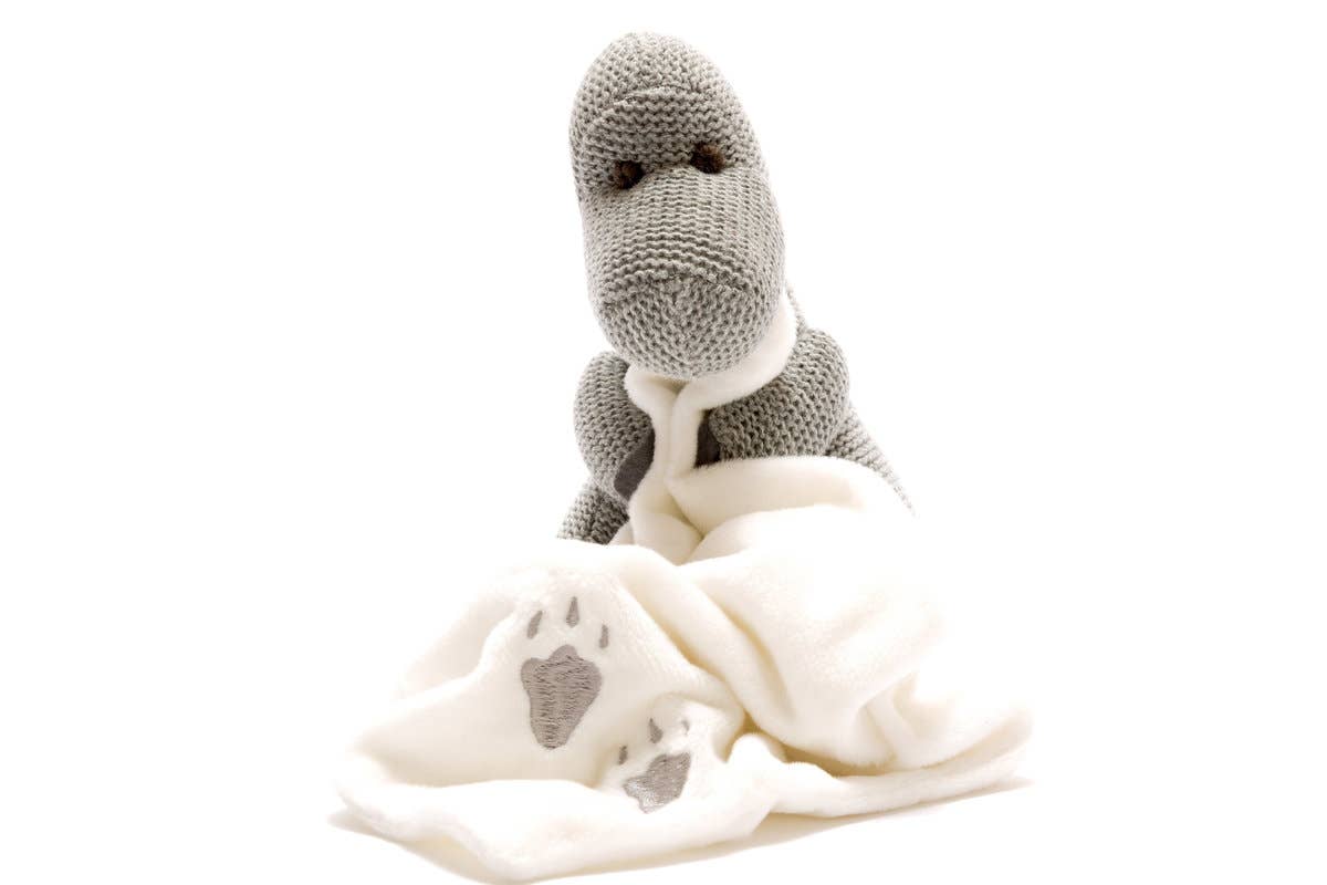 Grey diplodocus stuffed animal with lovey blanket