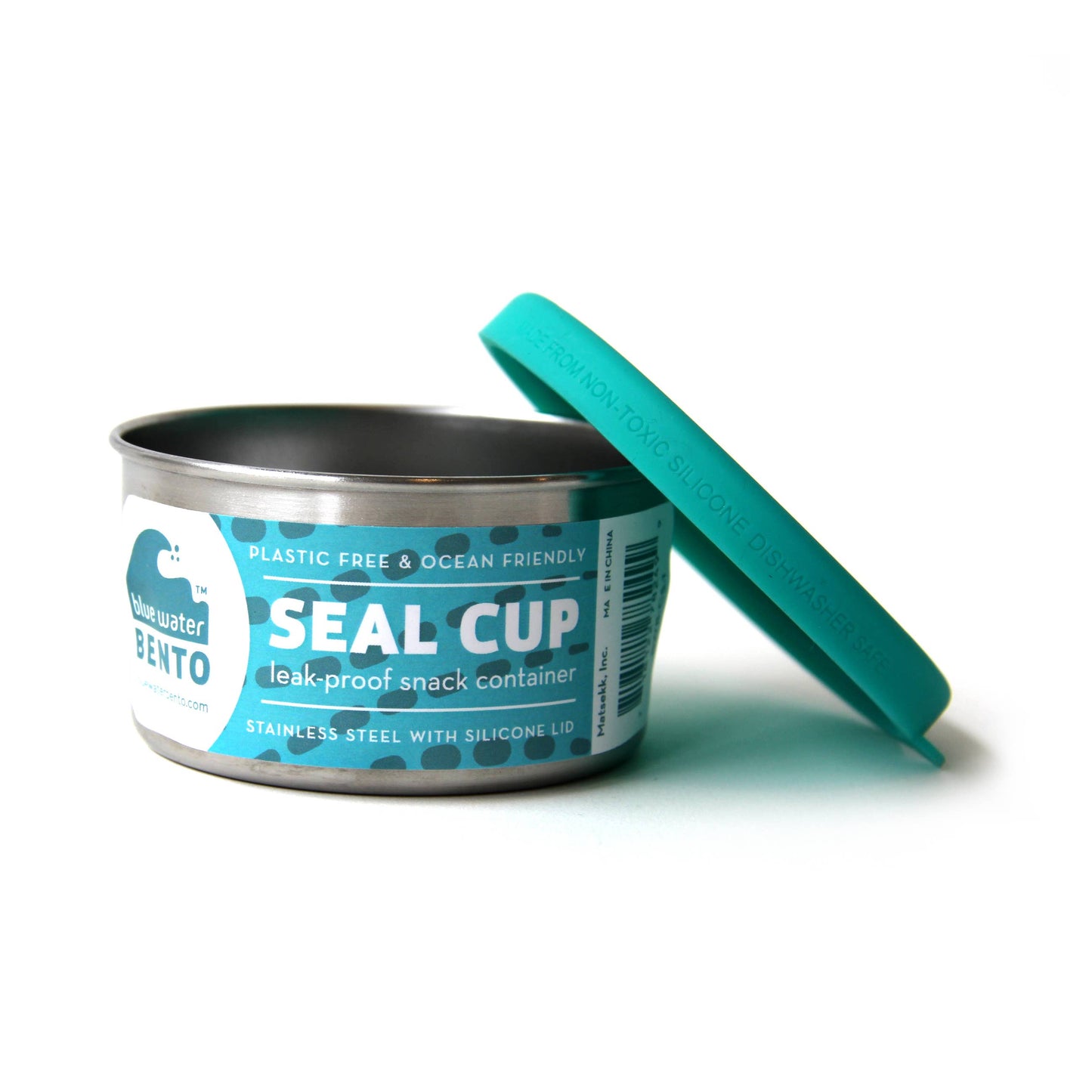 Seal Cup snack container with teal silicone lid on a white background