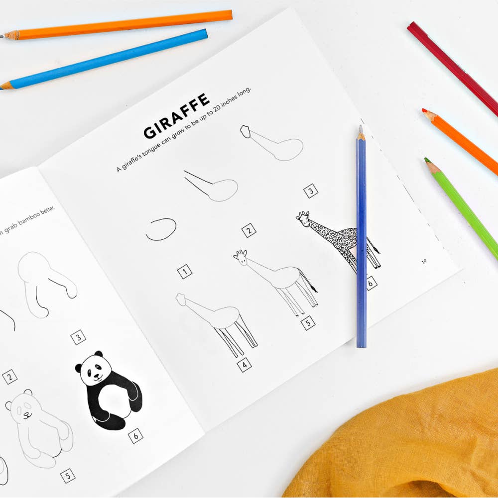 Educational coloring book with giraffe and panda illustrations and colored pencils on a white background.