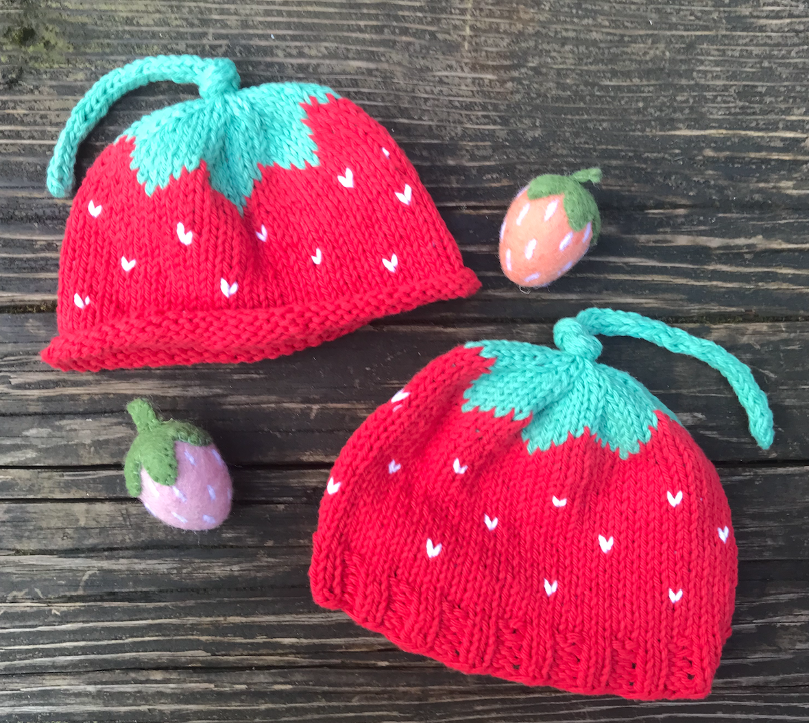 organic cotton handknit strawberry hats with felt strawberries