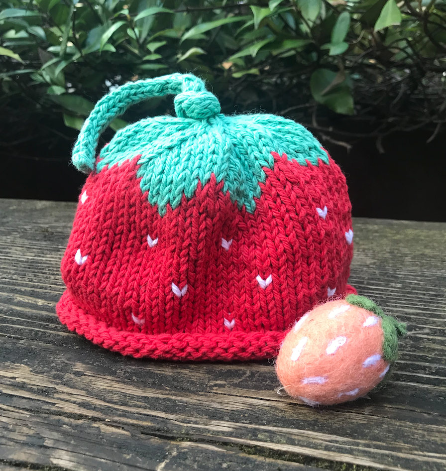 baby handknit organic strawberry hat with pink felt strawberry