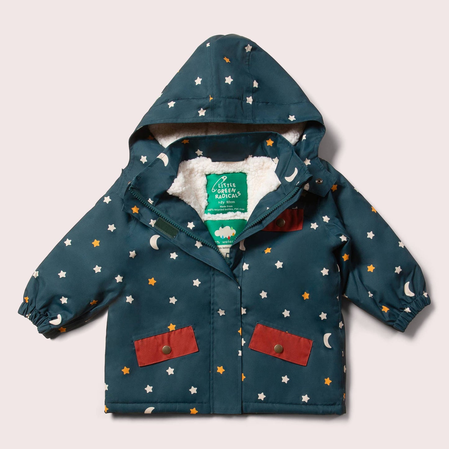 Starry night recycled winter coat flat lay