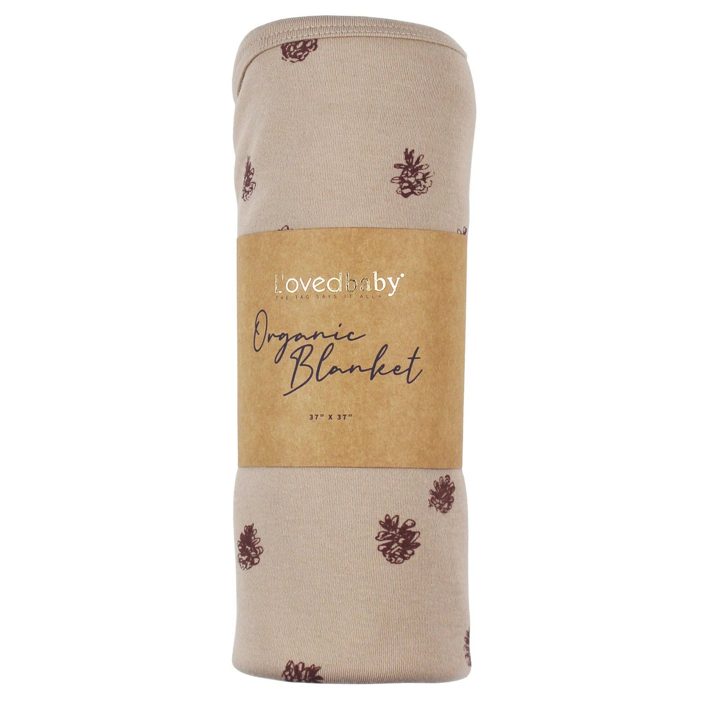 Beige organic blanket with 'l'oved baby' branding on a white background
