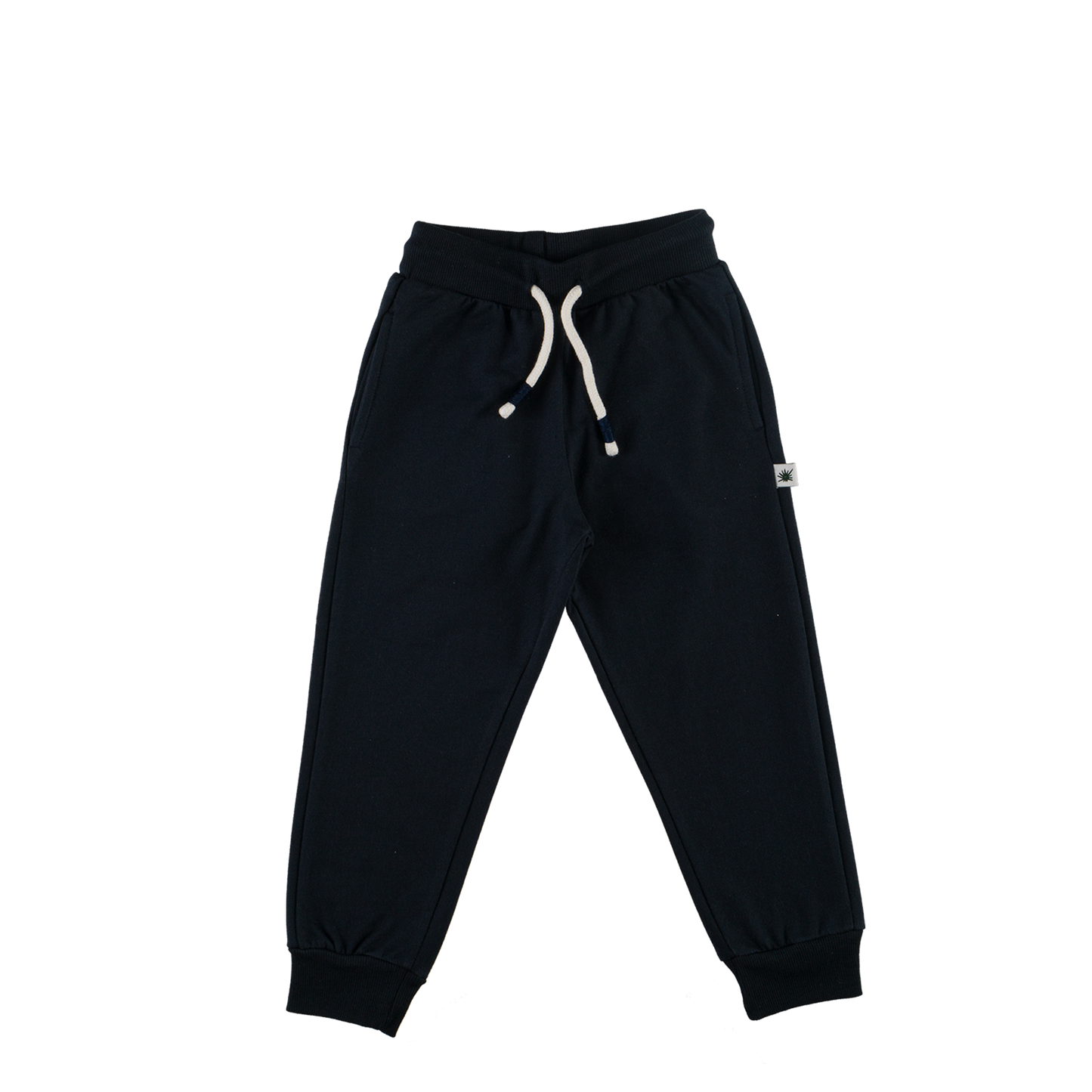Black sweatpants with a white drawstring on a white background