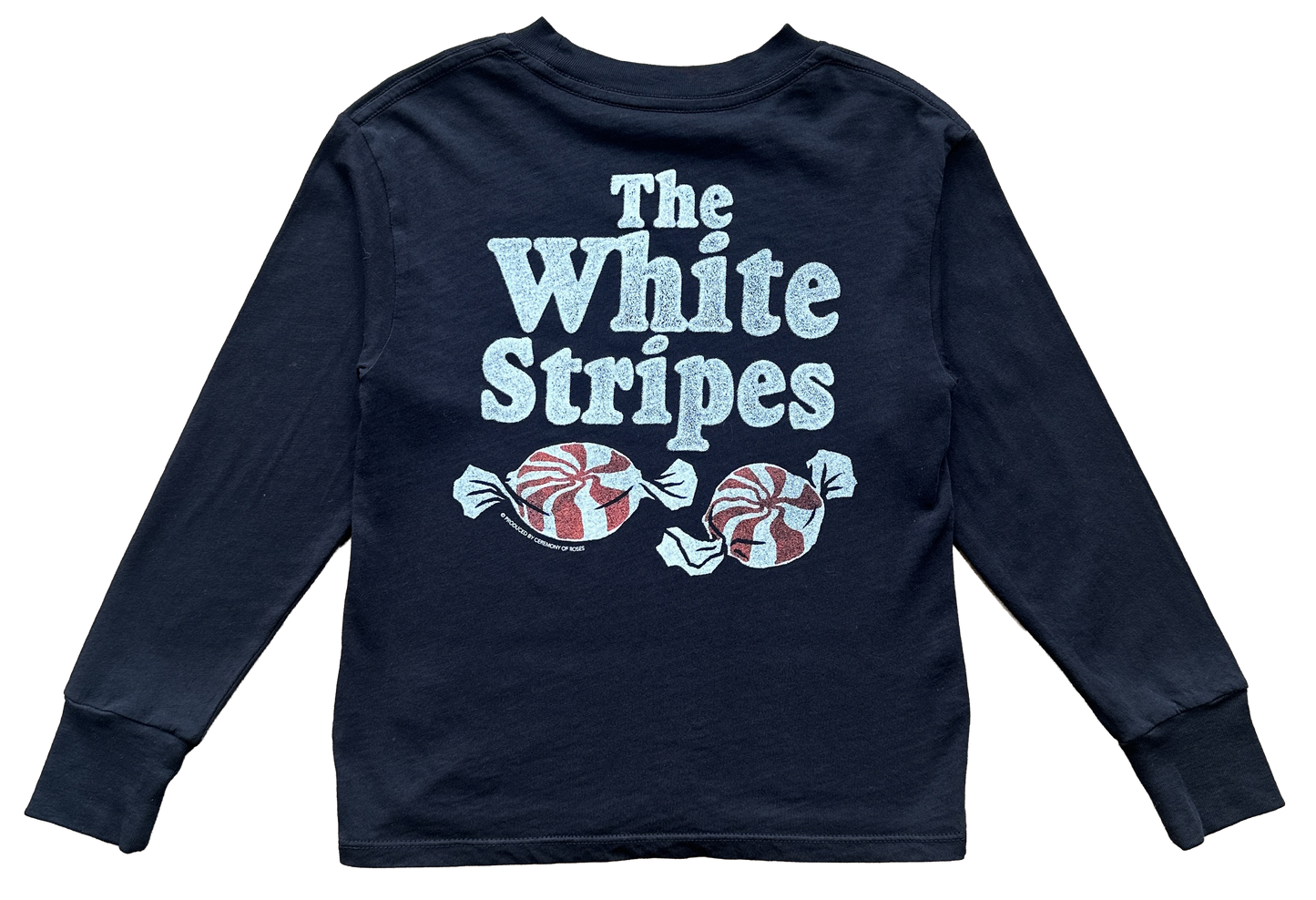 Navy blue long-sleeve shirt with 'The White Stripes' text and candy design on a white background