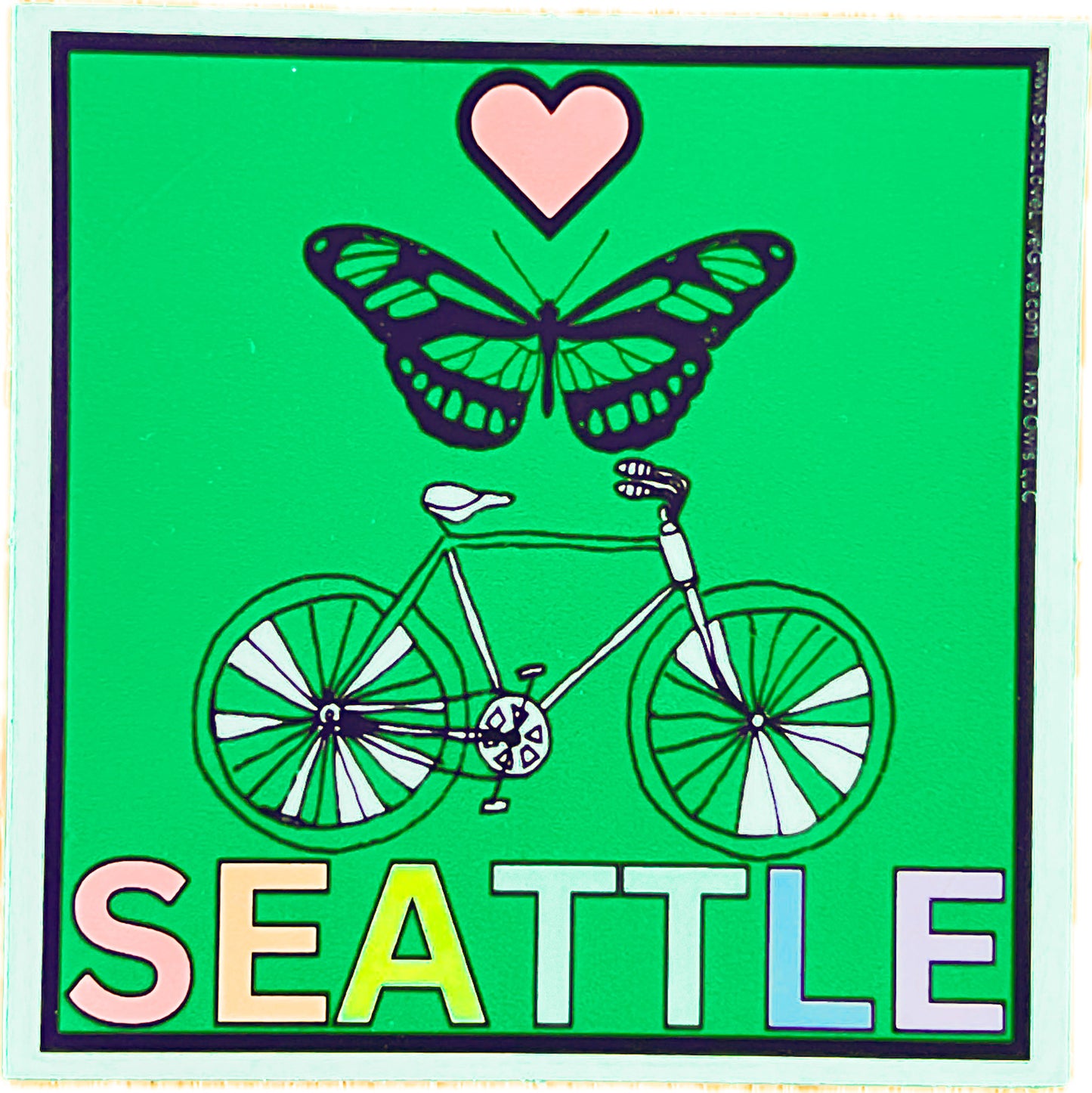 square green Seattle bike and butterfly sticker