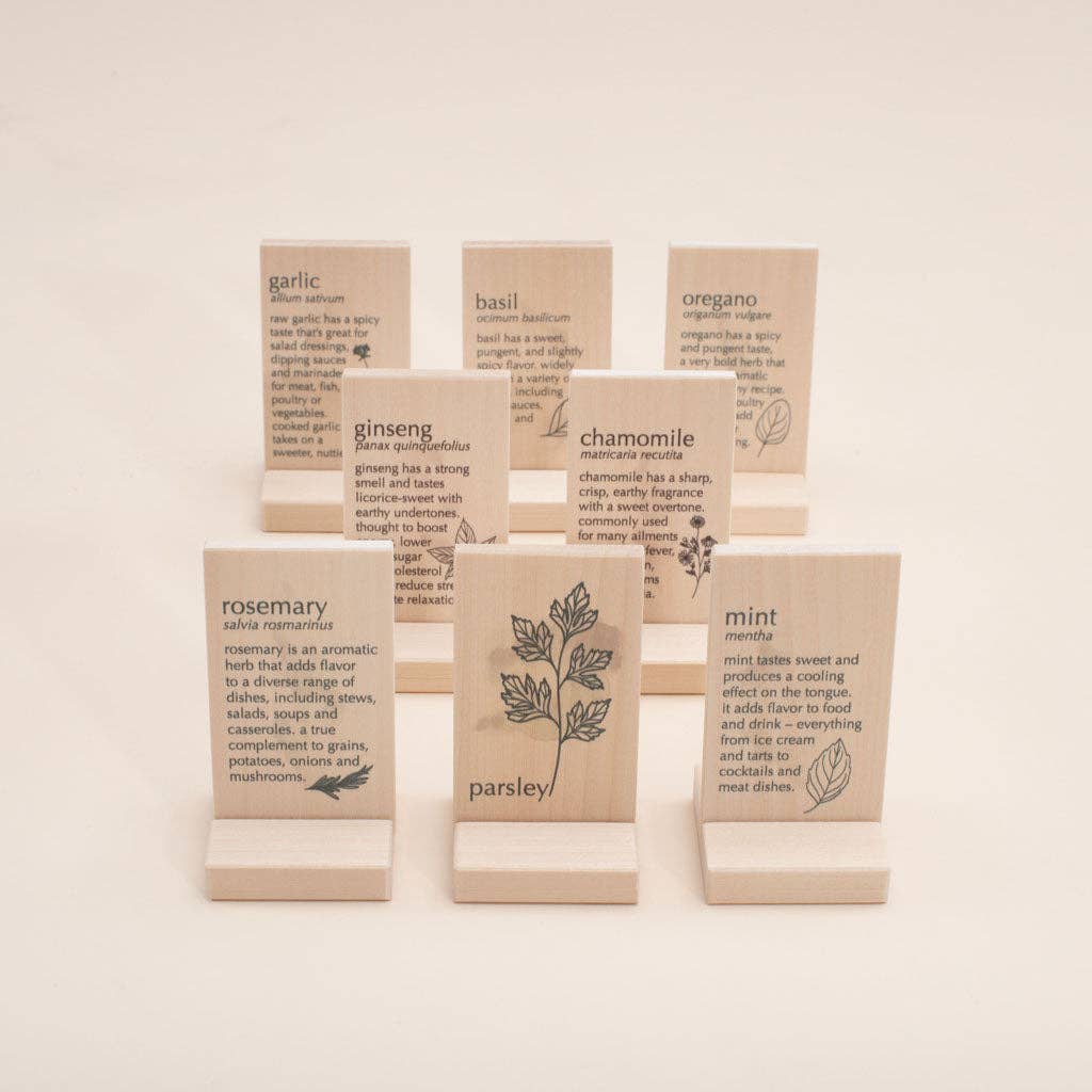 Set of small herb learning tiles with text and plant illustrations on a beige background