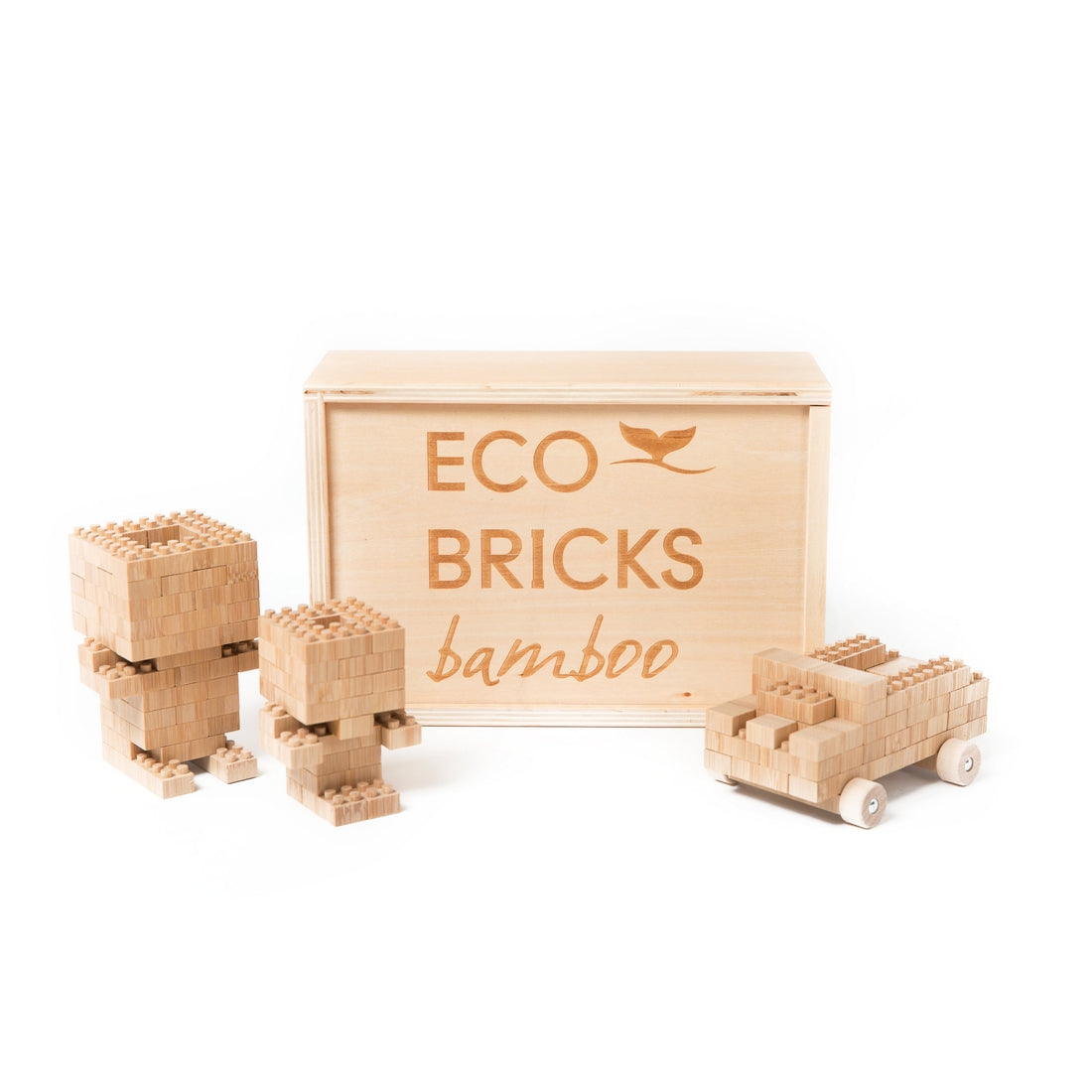 Cars and people built with Bamboo Eco-Bricks standing in front of a bamboo Eco-Bricks box