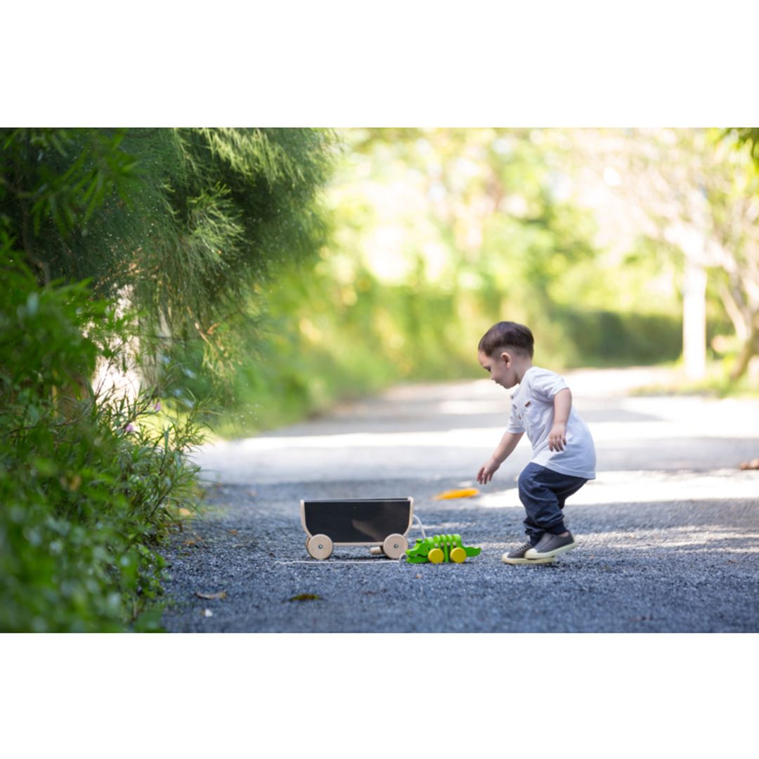 Child playing outside Kids with Black Wagon by Plan Toys