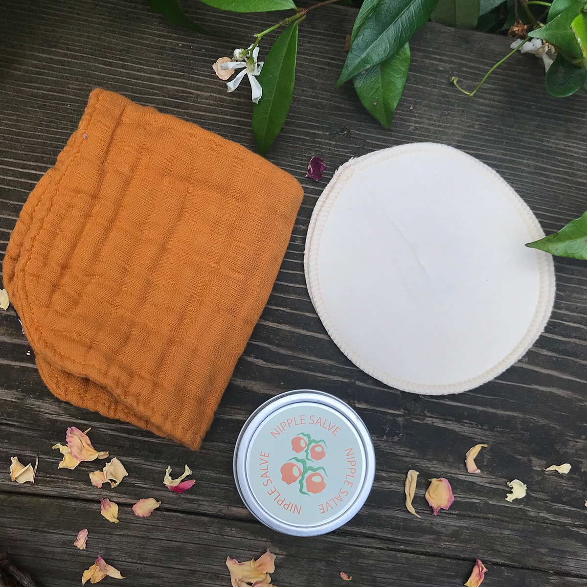Nipple Salve with Nursing Pads and Mustard Burp Cloth