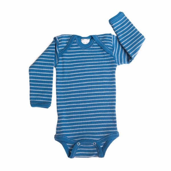Wool Long Sleeve Blue and Natural Stripe Onesie
