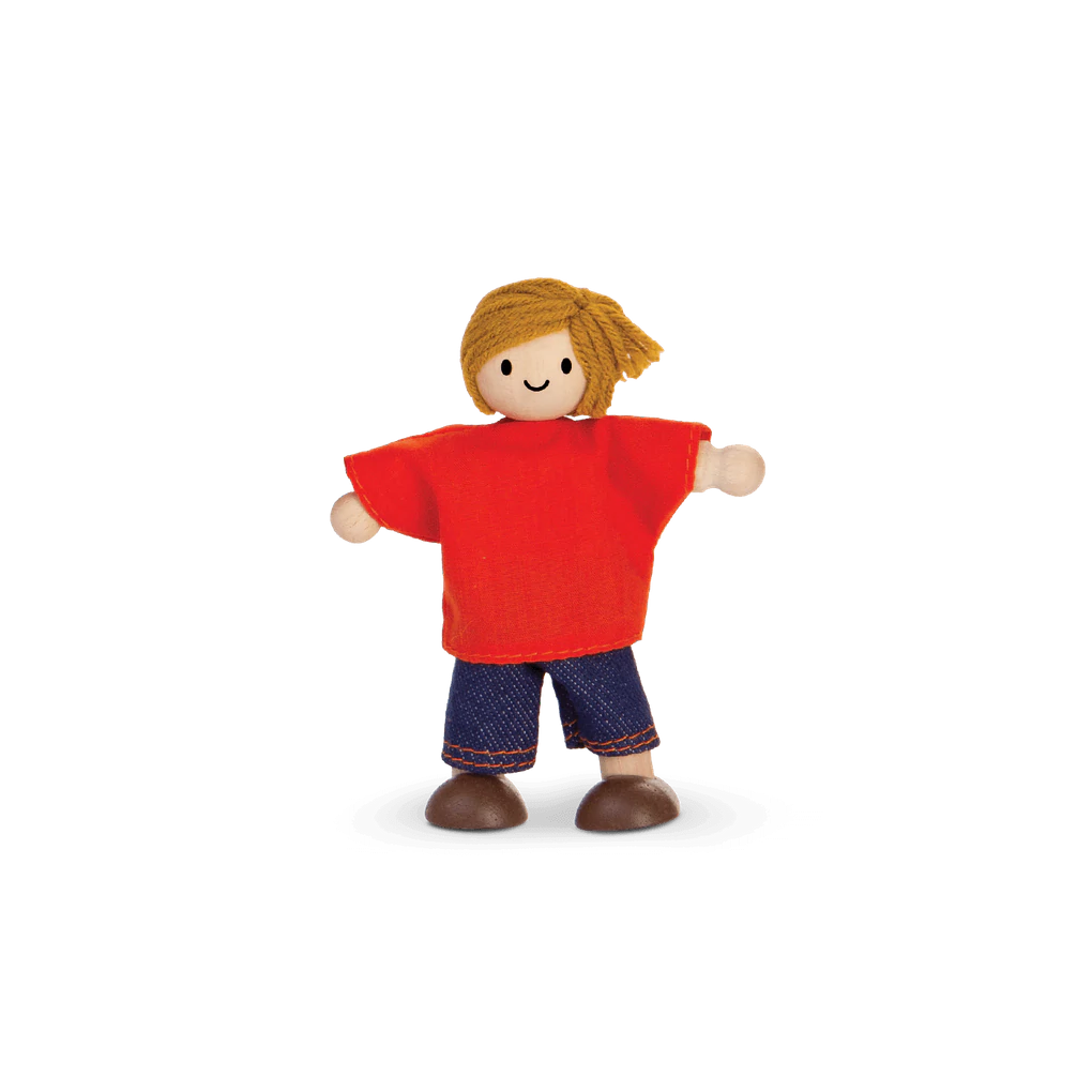 plan toys doll with blonde hair and in a orange shirt