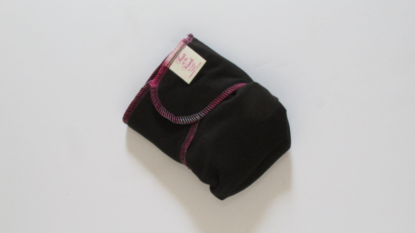 Black pouch with pink trim on a white background