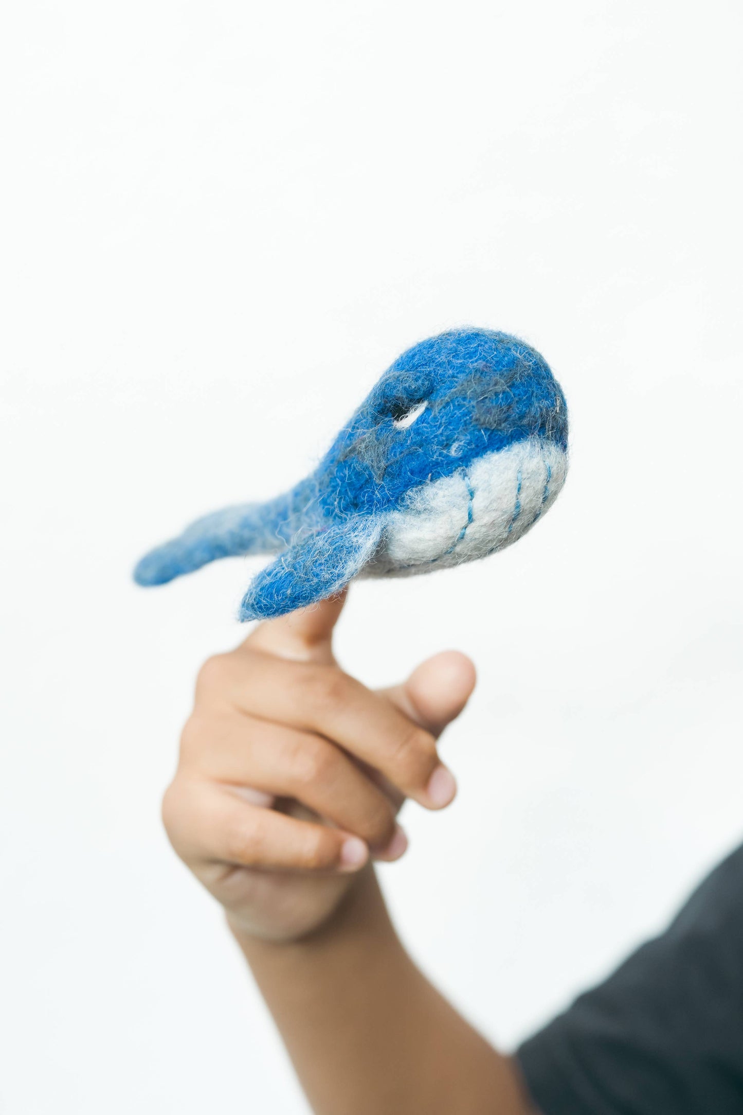 Hand holding a blue and gray plush toy on a white background