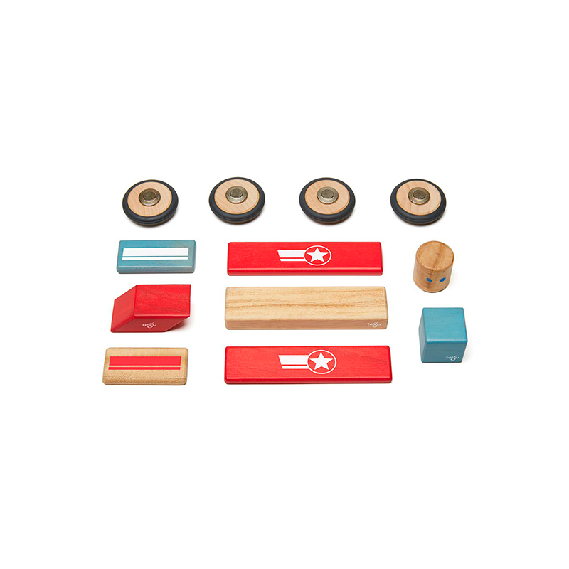 Set of wooden toys with red, blue, and brown colors on a white background