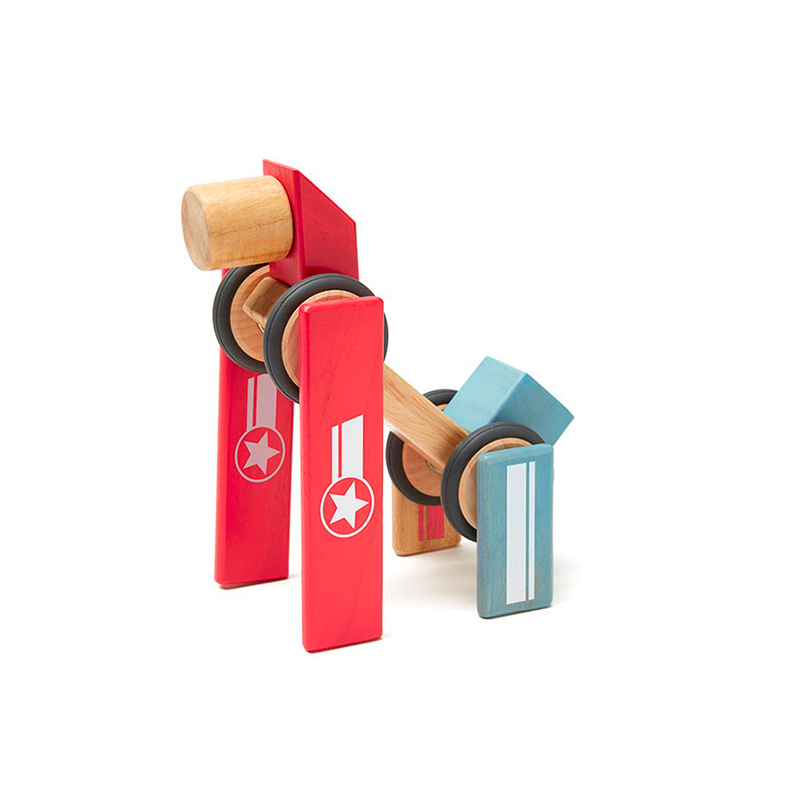 Colorful wooden toy with red and blue components on a white background