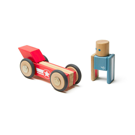 Wooden toy car with a driver figure on a white background