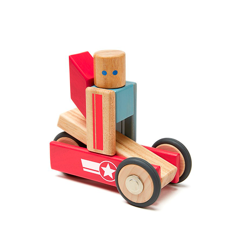 Wooden toy with red body, blue and gray accents, and black wheels on a white background