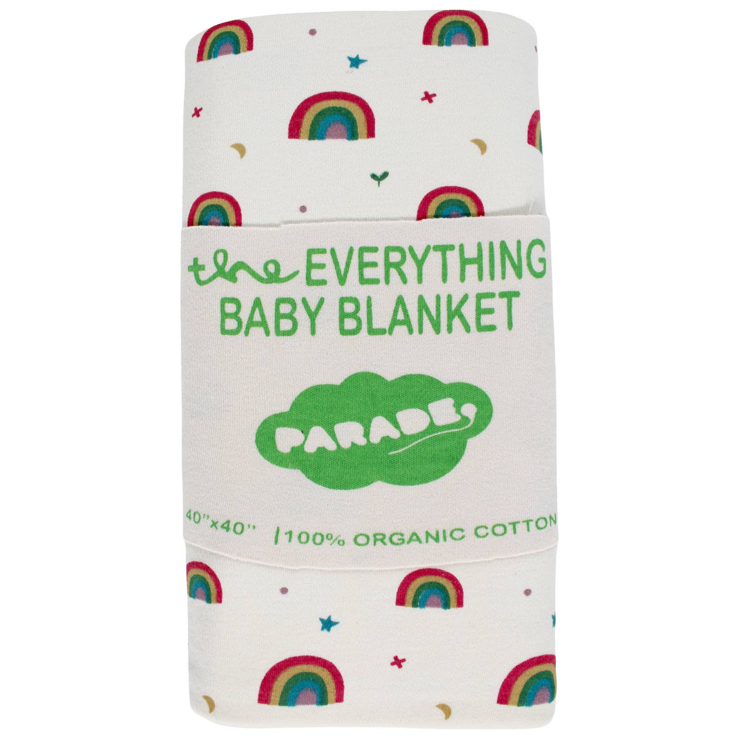 Everything  Rainbows Organic Baby Blanket, a while blanket with hand printed rainbows  accented with multi colored  tiny stars and moons rolled up with a label in the 
