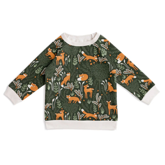 Children's sweatshirt with forest animal pattern on a white background