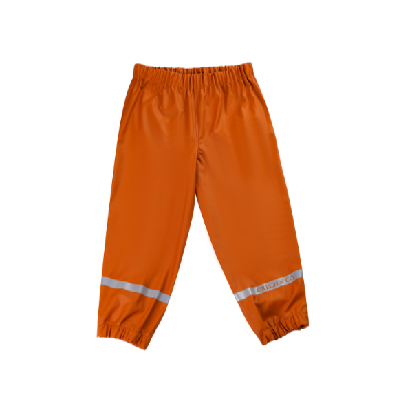 Orange rain pants with reflective stripes on a white background