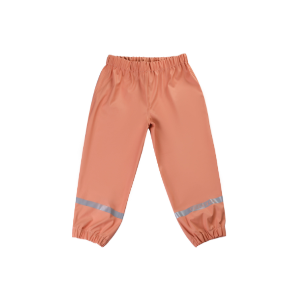 Orange children's rain pants with reflective stripes on a white background