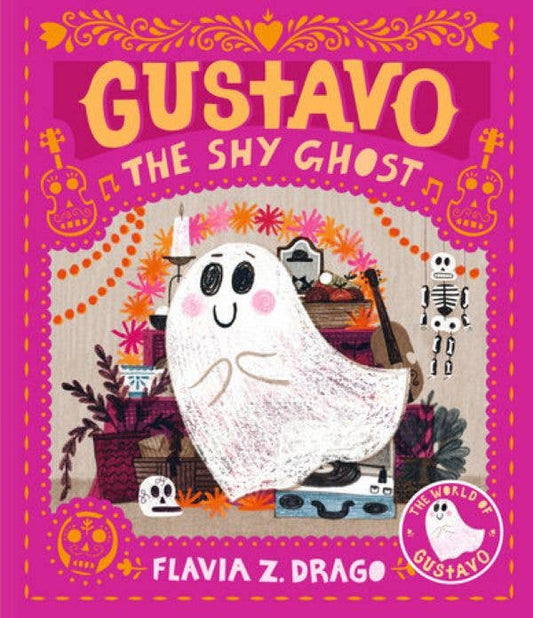Book cover of 'Gustavo the Shy Ghost' with a ghost character and colorful design.