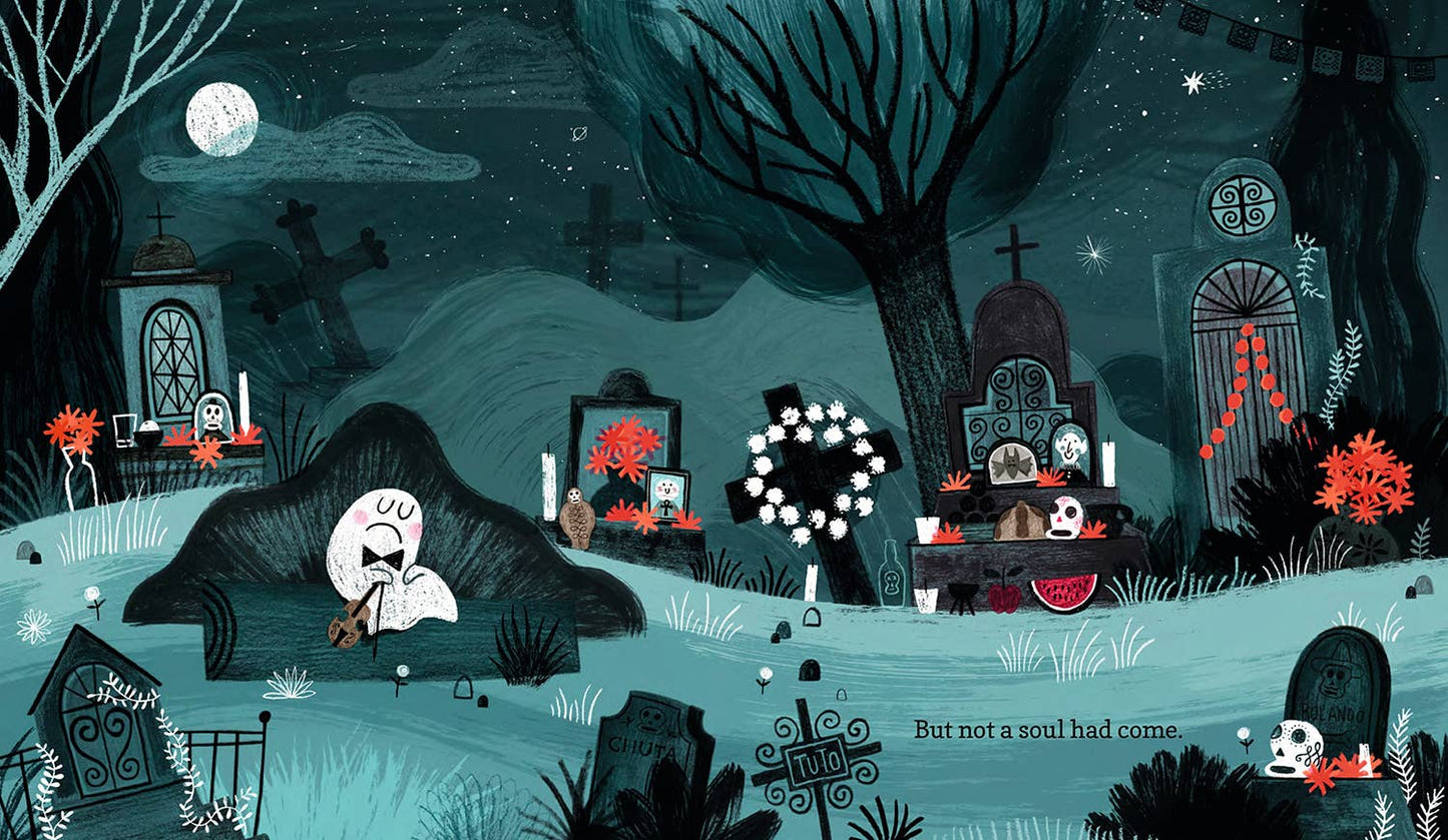 Illustration of a graveyard at night with various tombstones and decorative elements.