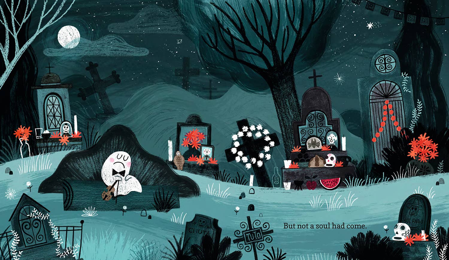 Illustration of a graveyard at night with various tombstones and decorative elements.