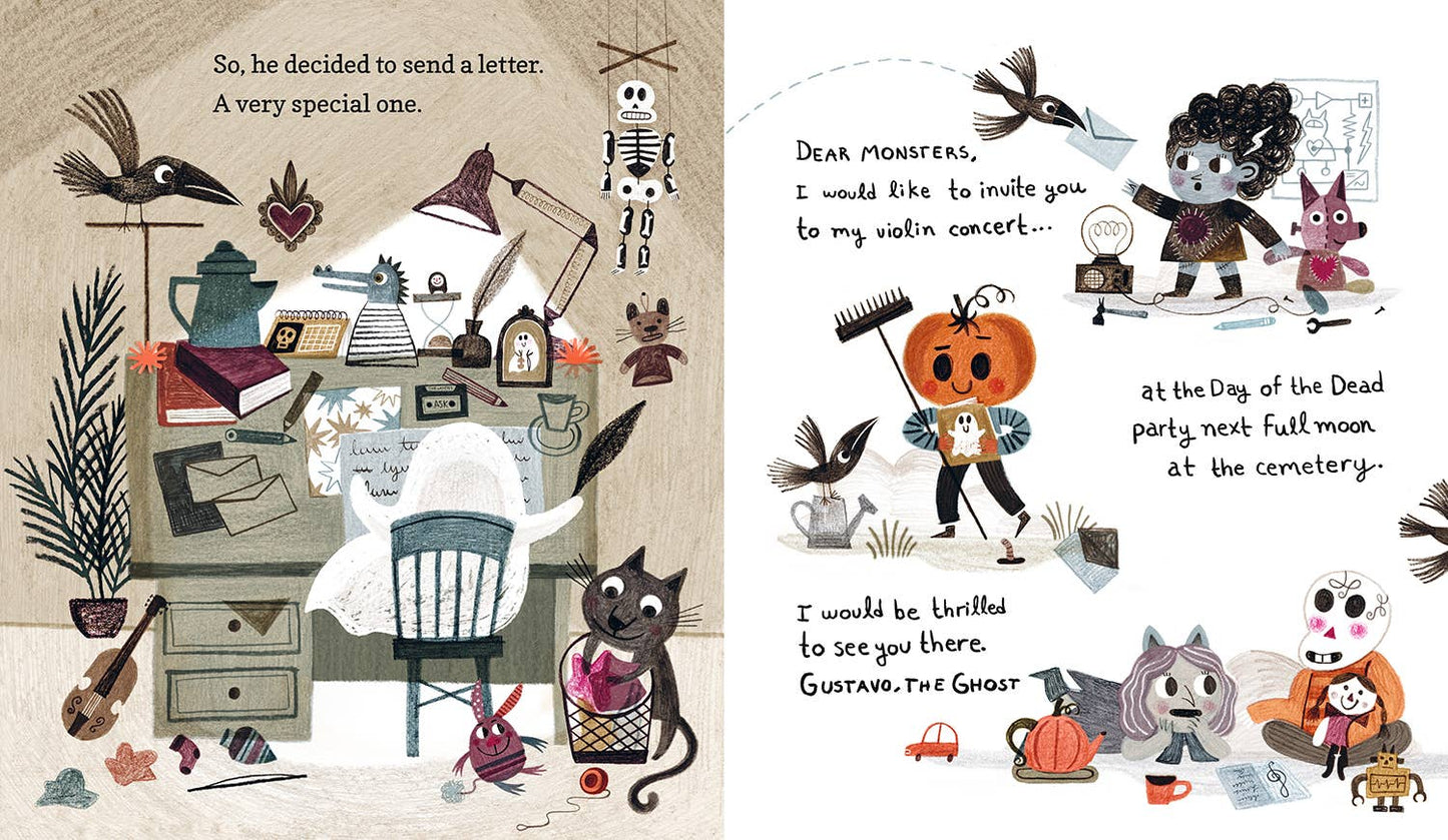 Illustrated book page with characters and text, featuring a ghost and pumpkins.