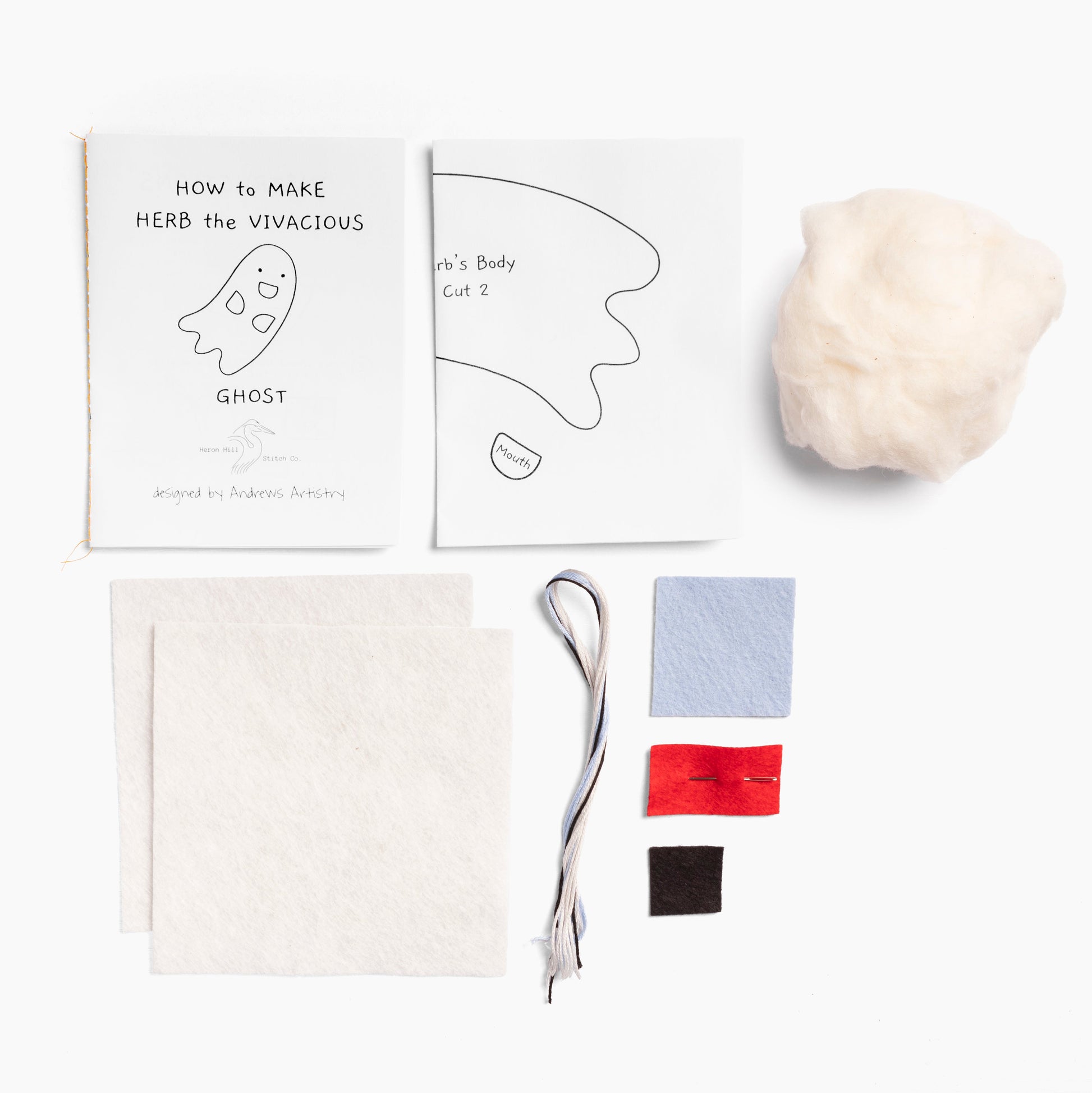 Ghost costume-making kit with templates, fabric, and accessories on a white background