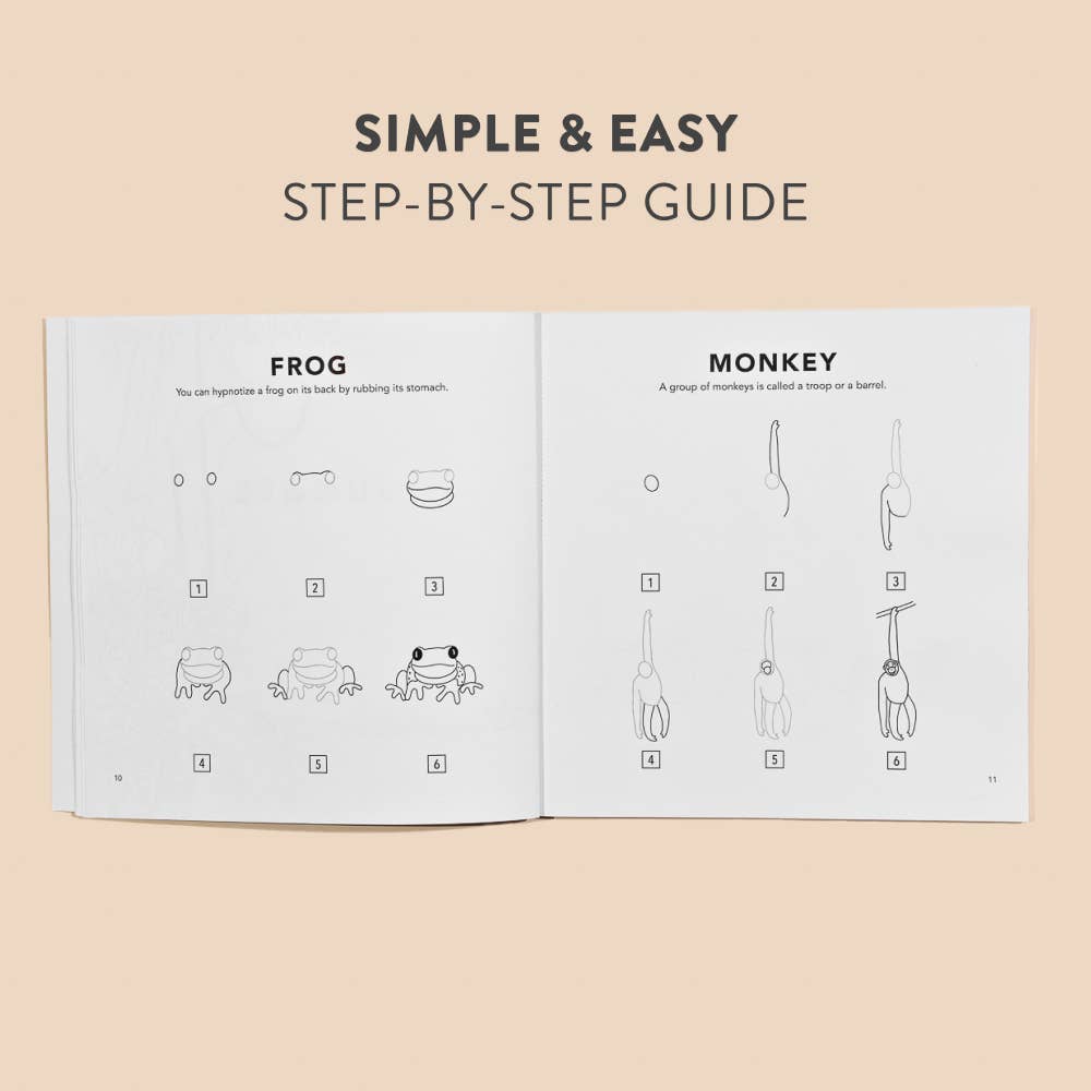 Open book showing step-by-step illustrations of a frog and a monkey on a beige background